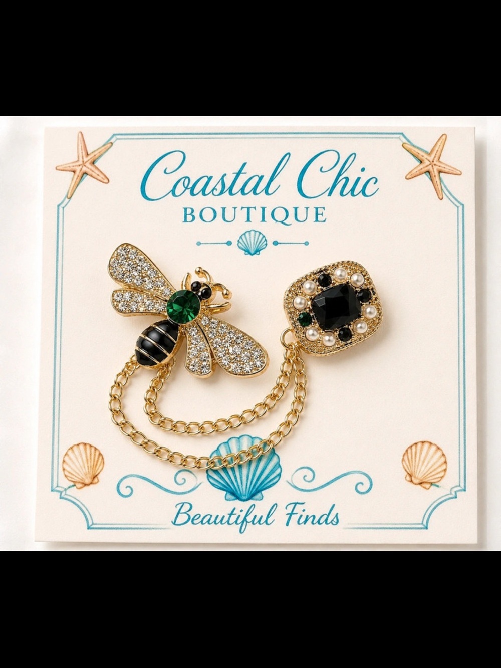 Gold Bee & Square Chain Brooch - Black & Green